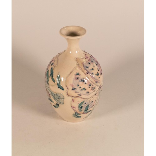 204 - Lise B. Moorcroft hand thrown vase with lilac & aqua decoration, dated 2002, diameter 17cm