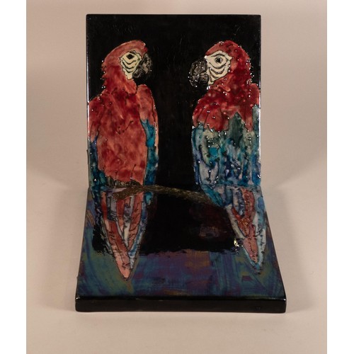 213 - Lise B. Moorcroft two piece wall plaque with Parrot decoration, 2008, height complete 52.5cm (2)