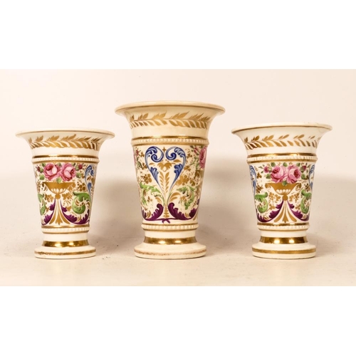 197 - In the manner of Spode, Three Georgian Porcelain Garniture Vases, with Polychrome Regency Floral Spr... 