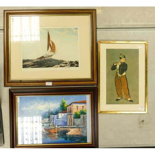 534B - Three Framed Artworks to include Signed Print Running Free by Winston Megoran, Continental Boat Scen... 