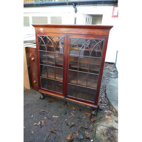 482D - Mahogany inlaid and cross banded display cabinet with ball and claw feet. 125w x 37cm d x 146 high