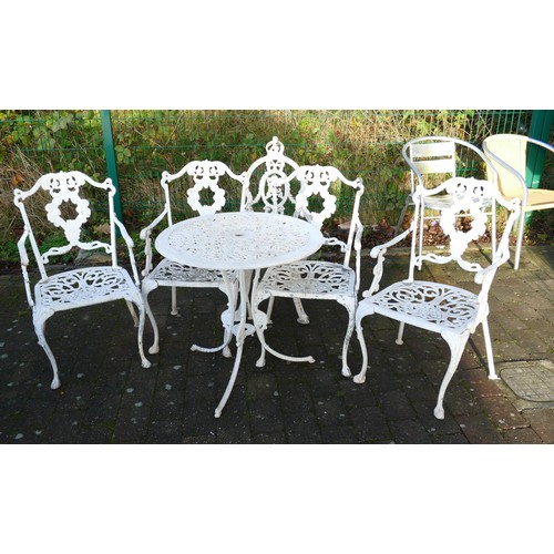 482F - White metal circular table patio set together with1 extra similar chair