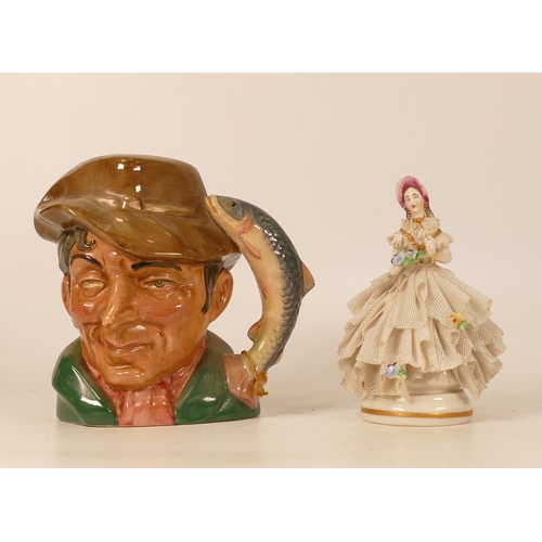 440 - Dresden Small Lady Figure together with Royal Doulton small Character Jug The Poacher D6464(2)