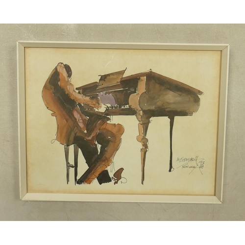 529 - Leo Meiersdorff (Meisman) New Orleans, 1976, Framed Watercolour of a Pianist. Height: 26.5cm Width: ... 