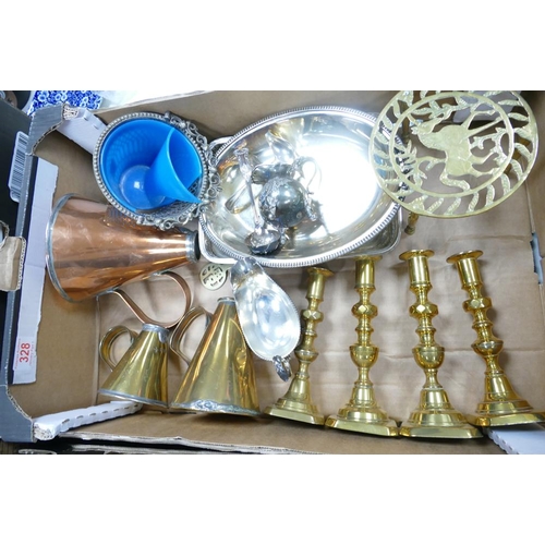 328 - A mixed collection of items to include Brass Candlesticks, Copper & Brass Gill Measures , silver pla... 