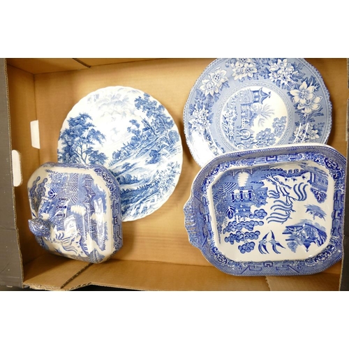 335 - A large collection of Blue & White dinnerware including Tureens, plates, jugs  over sized cups etc (... 