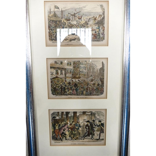 207 - Two Framed Sets of George Cruikshank Satirical Engravings to include February - Frost Fair, June - T... 