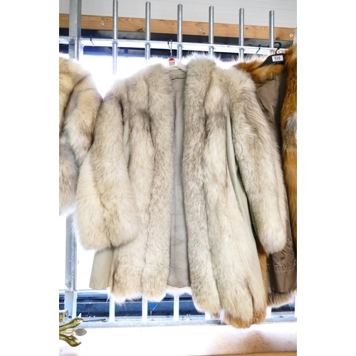 529 - Ladies fox fur and grey/ beige leather 3/4  jacket. Approx size 10