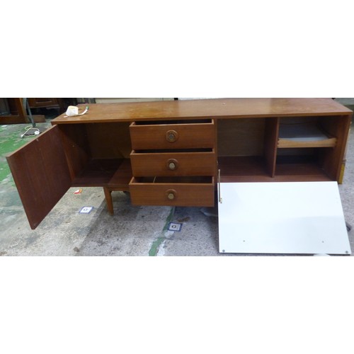 687 - Mid Century Modern teak effect sideboard, 3 drawers, 1 door and 1 fall-front door, 182cm W x 45cm D ... 