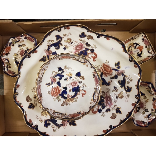 329 - Masons Blue Mandalay very large shell shaped table centrepiece dish together with fruit bowl and 3 s... 