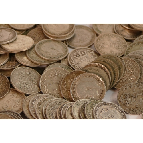 652 - Large quantity of UK silver 3d / three pence coins, gross weight 318g.  Includes both pre 1946 & pre... 