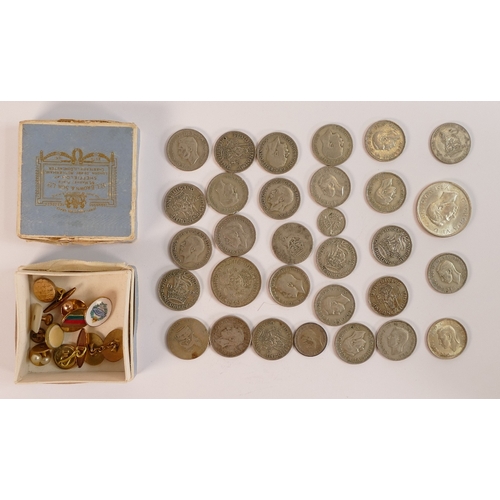 655 - Pre 1947 silver coins 181g, together with box of cufflinks and studs including 9ct gold stud 0.9g.