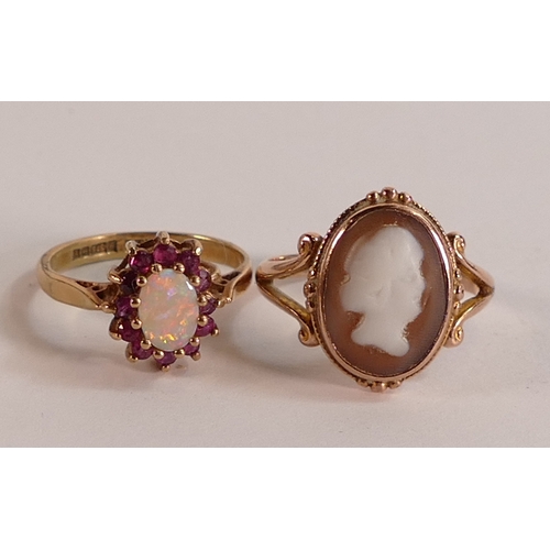 659 - Two 9ct gold hallmarked rings - Opal & ruby size M, plus cameo set ring size Q, combined gross weigh... 