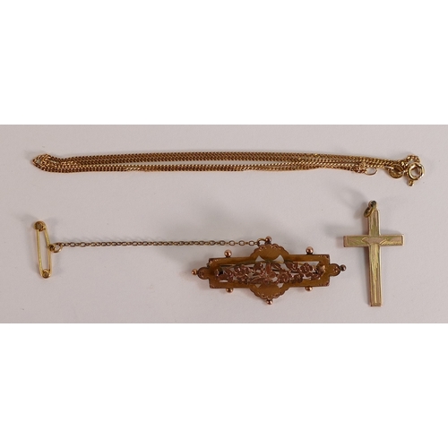 660 - 9ct hallmarked gold brooch (steel pin) in good used condition, 9ct gold neckchain 44.5cm, & 9ct gold... 