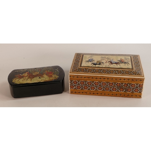 665 - Russian large papier mache snuff box 10cm wide, together with Indian hand decorated cigar / cigarett... 