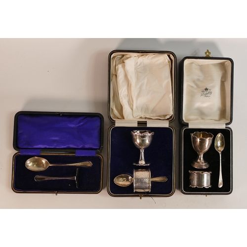 670 - 3 assorted hallmarked silver christening sets, cased, some initials and dents noted on some on piece... 