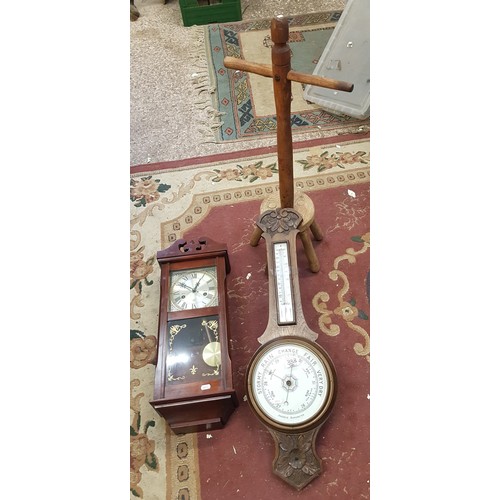 333 - Vintage oak aneroid barometer together with a later mechanical wall clock and a vintage washing Doll... 