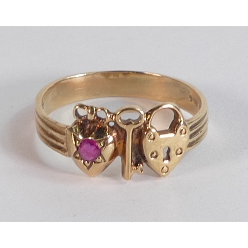 679 - 9ct gold ring,padlock, key & heart, ring size L, 1.7g.