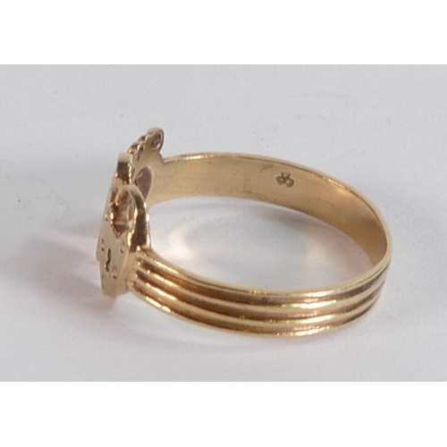 679 - 9ct gold ring,padlock, key & heart, ring size L, 1.7g.