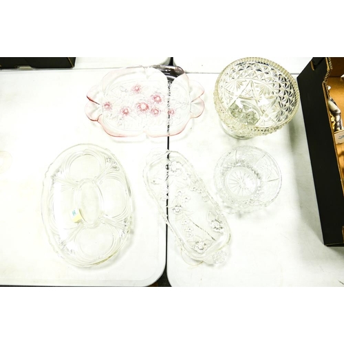 86 - A collection of Pressed Glass items including large fruit bowl, cut glass smaller item, patters etc