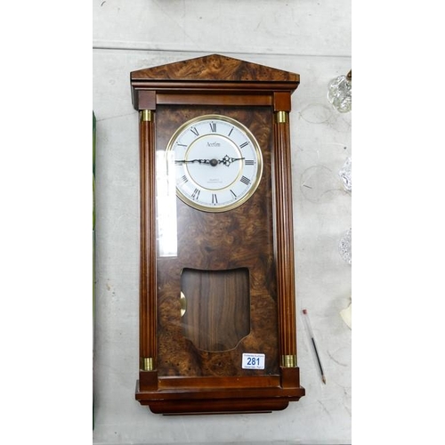 508 - Walnut Effect Acctim Quartz Westminster Chime Wall Clock, height 62cm