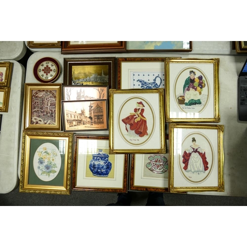 512 - A Mixed Collection of Embroideries and Copper Prints to include images of Royal Doulton Figures, Cer... 