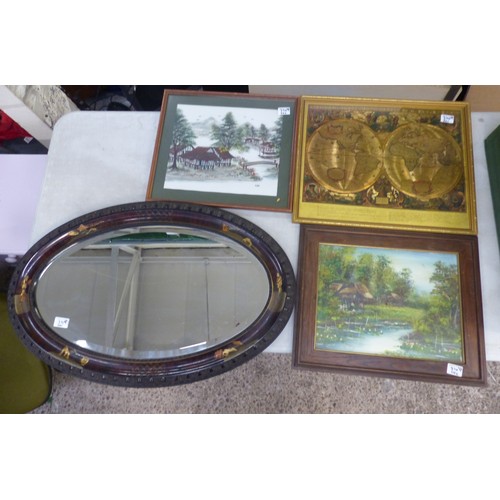 518 - Wall Hanging Oval Chinese Mirror together with 3 framed prints of Chinese Artwork