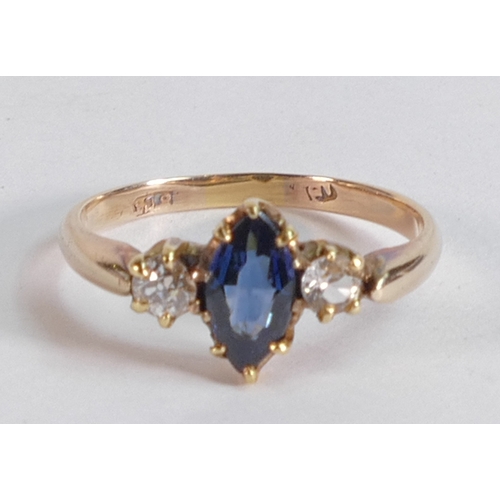 676 - 18ct gold, diamond & marquise shaped Sapphire dress ring, size N, 18ct mark slightly rubbed, weight ... 