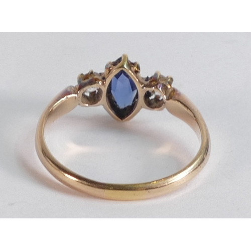 676 - 18ct gold, diamond & marquise shaped Sapphire dress ring, size N, 18ct mark slightly rubbed, weight ... 