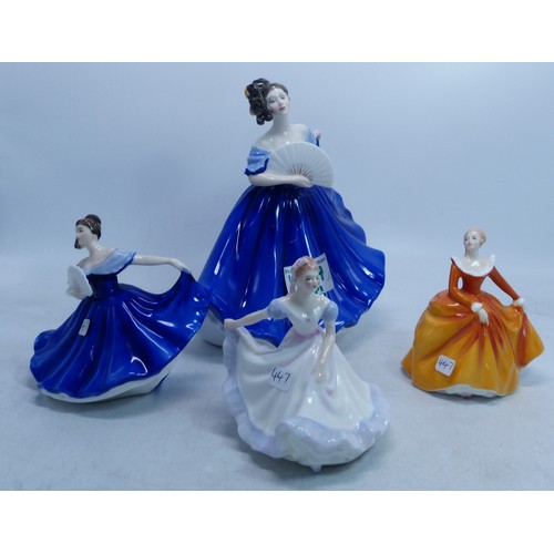 447 - Royal Doulton Lady Figures Elaine HN2791, Small 'Elaine' HN3214, Lynette HN3215 & Fragrence HN3220 (... 