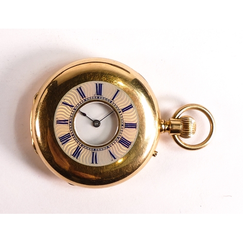 836 - 18ct gold ladies half hunter keyless fob watch, blue enamel dial, gross weight 50.2g.