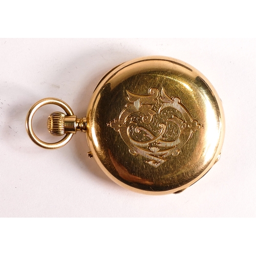 836 - 18ct gold ladies half hunter keyless fob watch, blue enamel dial, gross weight 50.2g.