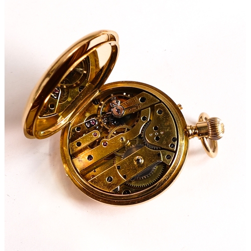 836 - 18ct gold ladies half hunter keyless fob watch, blue enamel dial, gross weight 50.2g.