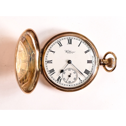 837 - Waltham 9ct gold full hunter keyless pocket watch, gross weight 89.3g.