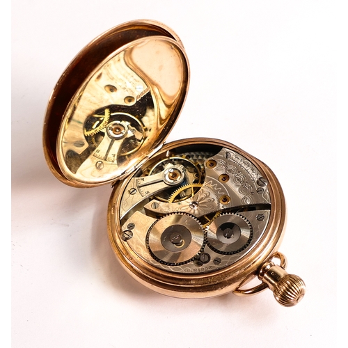 837 - Waltham 9ct gold full hunter keyless pocket watch, gross weight 89.3g.