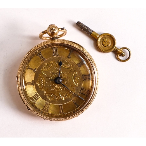 838 - 18ct gold 19th century pocket watch, ornate gold dial, d.4cm, with key, gross weight 60.8g.