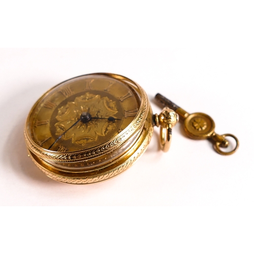 838 - 18ct gold 19th century pocket watch, ornate gold dial, d.4cm, with key, gross weight 60.8g.