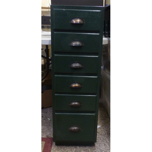 682 - Wood six draw chest of drawers painted green,h.94 x w.30cm.