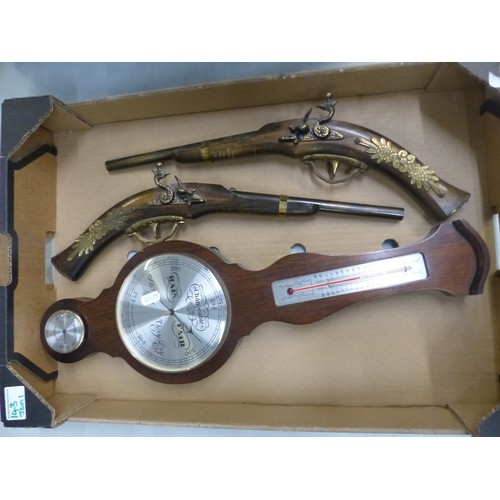 143 - Barometer Together With Two Wall Hanging Flint Lock Decorative Pistol (1 Tray)