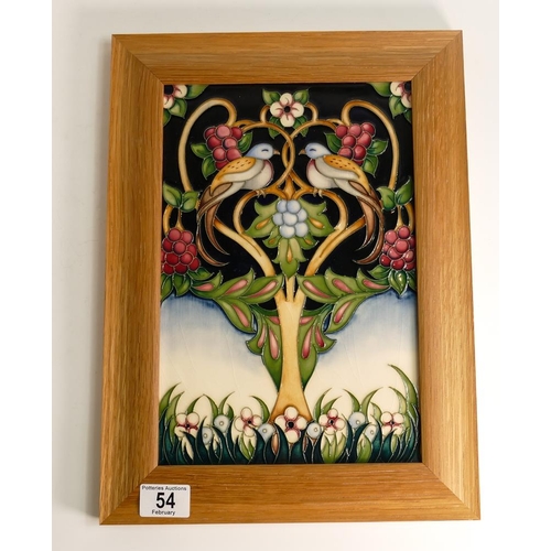 54 - Moorcroft plaque decorated with a pair of birds in fruit tree. Signed by Rachel Bishop. 39.5cm x 29c... 