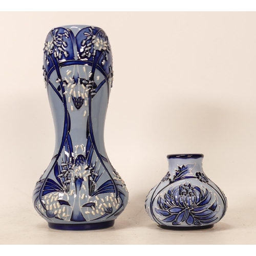 62 - Moorcroft blue on blue Soldiers grass vase together with Chrysanthemum small squat vase . Height of ... 