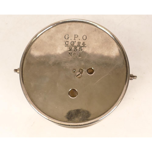 644 - GPO chrome plated bulkhead type wall timepiece.
The reverse stamped G.P.O. CG 24 235 No 1,  diameter... 