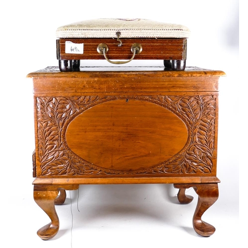 649 - Carved Early 20th Century Sewing Box & Heated Tapestry Topped Heated Foot Stool