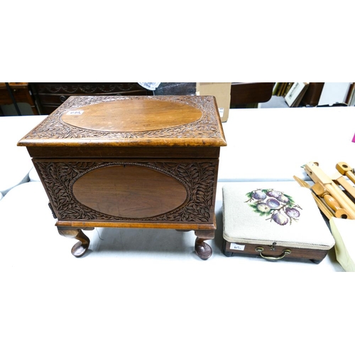 649 - Carved Early 20th Century Sewing Box & Heated Tapestry Topped Heated Foot Stool