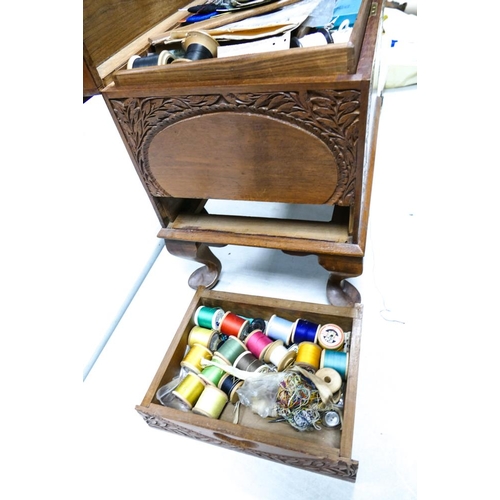 649 - Carved Early 20th Century Sewing Box & Heated Tapestry Topped Heated Foot Stool