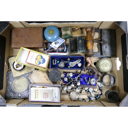 105 - A mixed collection of items to include metal boxes, picture frame, pin badges, pendant , brooches ( ... 