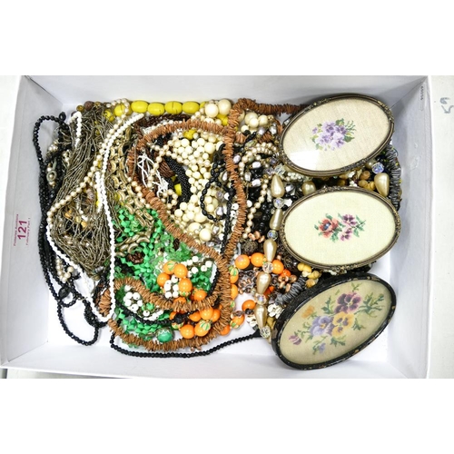 121 - A Collection of Costume Jewellery mostly beaded necklaces including three framed floral embroideries... 