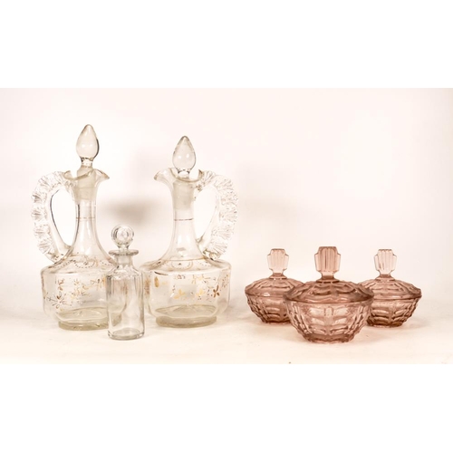 123 - Six Items of Glass to include two Enamelled Glass Decanters, Crystal Bottle and three dressing table... 