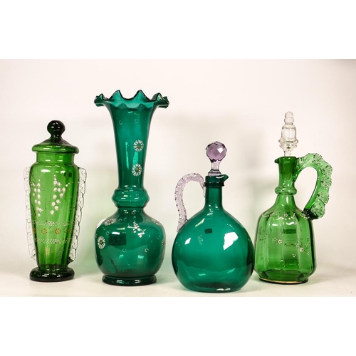 124 - Four Victorian Green Glass Bottles and Vases to include three enamelled examples. Height of tallest:... 