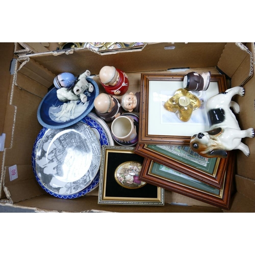 60 - A mixed collection of items to include framed prints, Goebel type Monk storage jars, Sylvac type fig... 